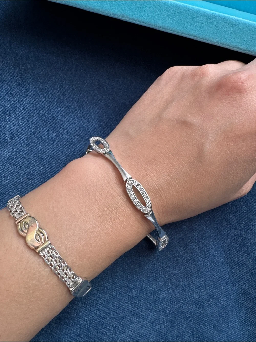 Vintage Sterling Silver CZ Oval Illusion Link Bracelet.